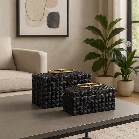 Boxes Set of 2 - Black Wood Resin with Handle, 11/14 in.