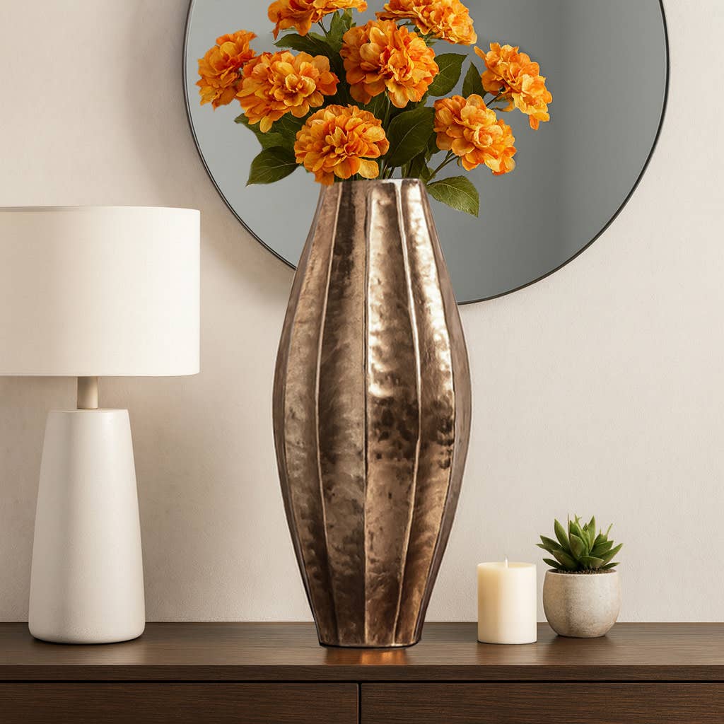 Decorative Vase - Gold Metal Ribbed Centerpiece, 27 in.