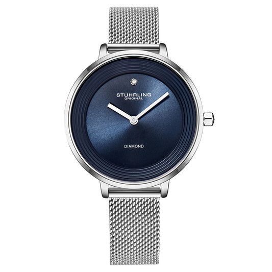 Stuhrling Original Symphony Women's Quartz Watch, 37mm, Blue Dial, Silver-Tone Mesh Bracelet, Diamond Accents
