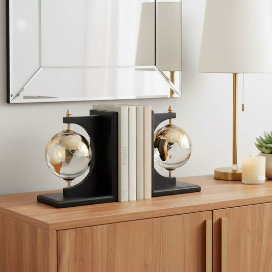Bookends Set of 2 - Black Wood Glass Globe Design, 9 in.