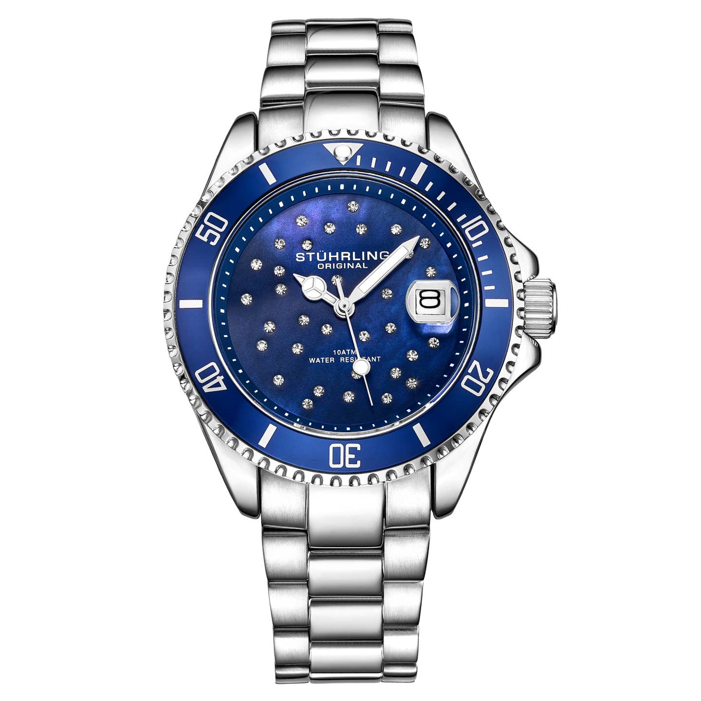 Stuhrling Original Starsea Women's Quartz Watch, 39mm, Blue Mother-of-Pearl Dial, Silver-Tone Stainless Steel Bracelet, Crystal Hour Markers
