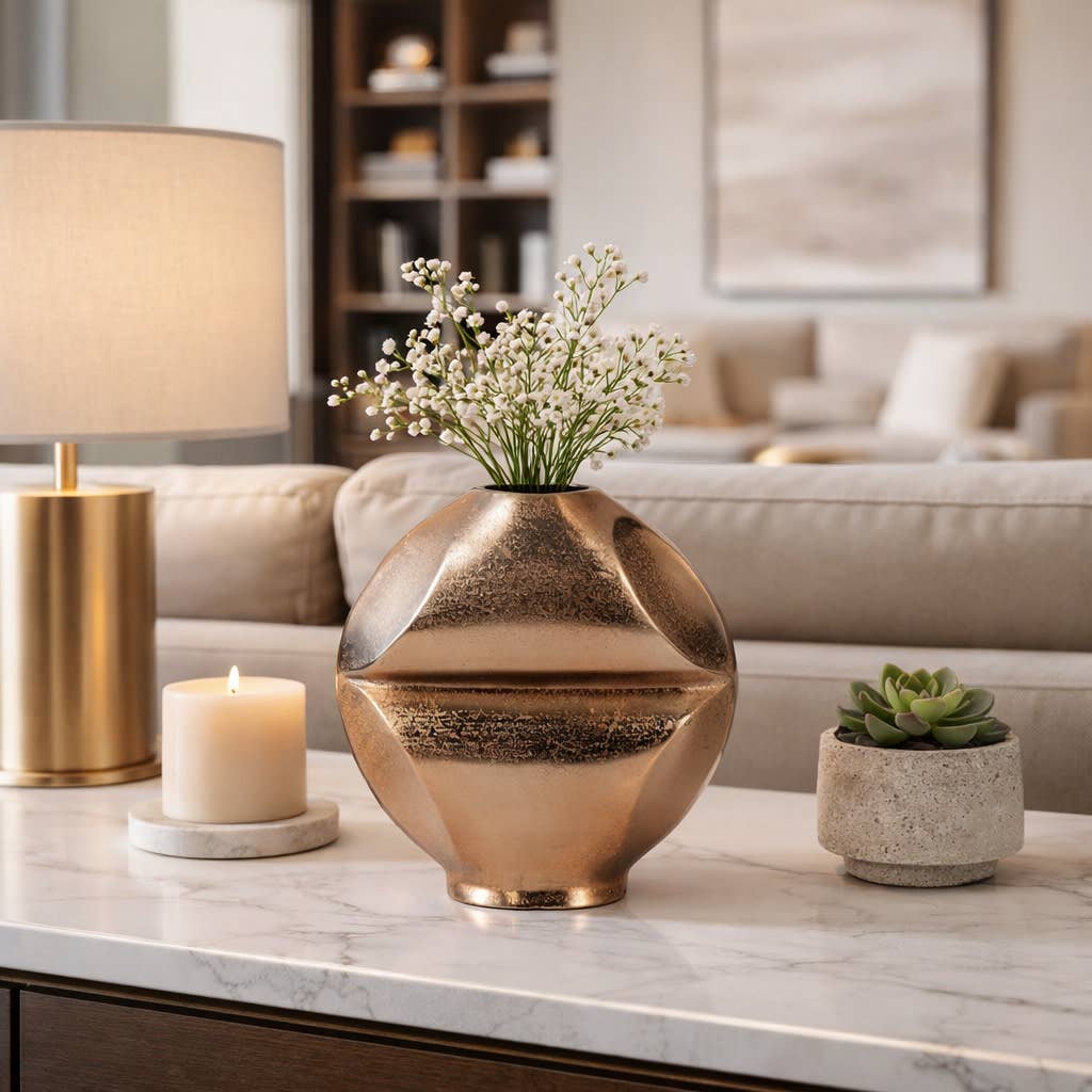 Decorative Vase - Champagne Metal Slit Design, 9 in.