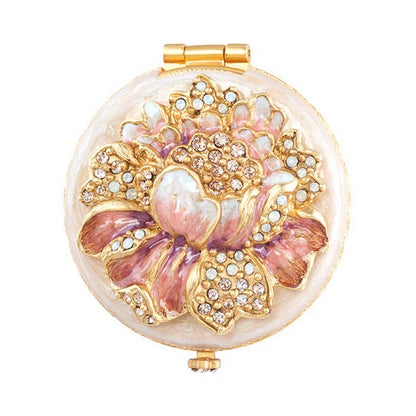 Jay Strongwater Angela Round Floral Compact Mirror, Rose Swarovski Crystal Enamel Gold-Finished