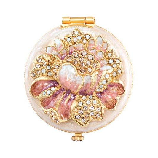 Jay Strongwater Angela Round Floral Compact Mirror, Rose Swarovski Crystal Enamel Gold-Finished