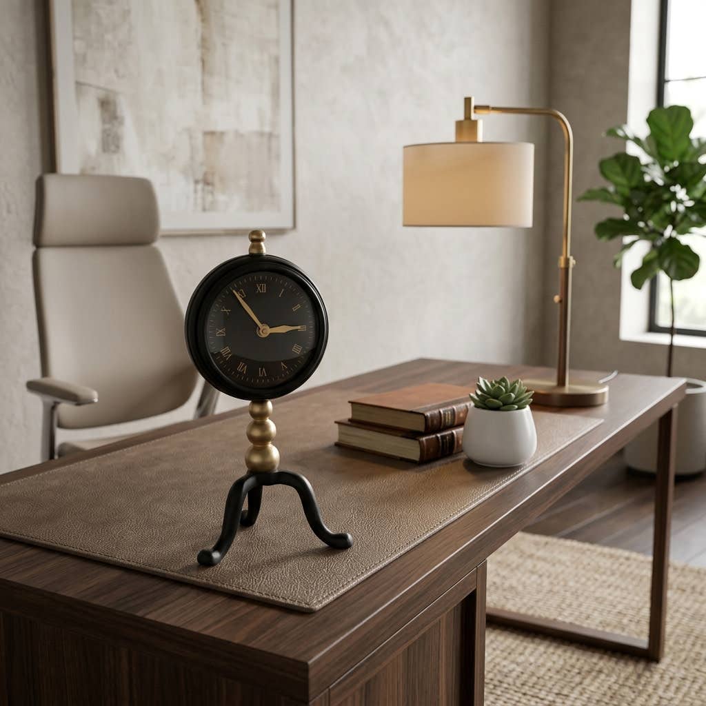 Desk Clock - Gold and Black Metal On Tripod Stand, 10 in.