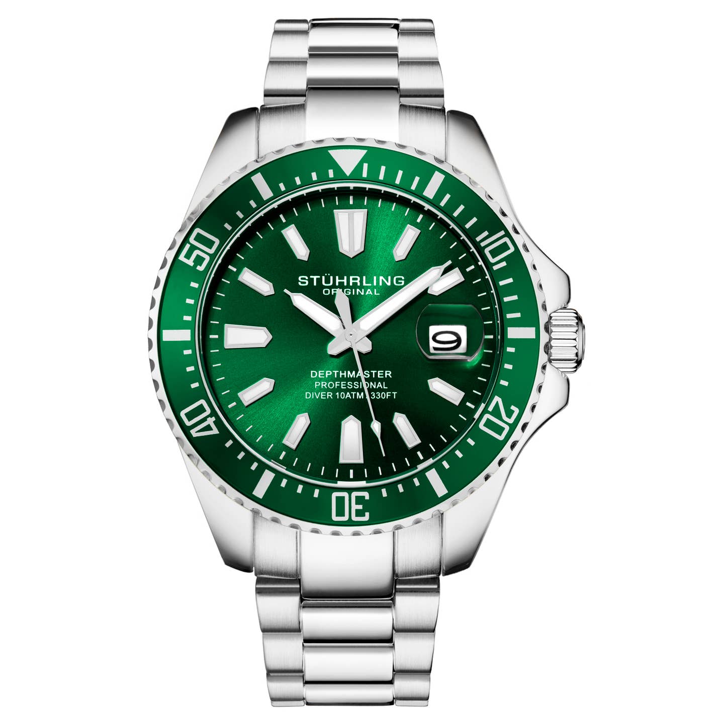 Stuhrling Original Depthmaster 3950A Men's Quartz Diver Watch, 42mm, Green Dial, Stainless Steel Bracelet