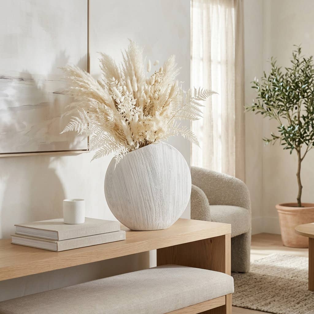 Decorative Vase - White Earthenware Round Minimalist, 15 in.