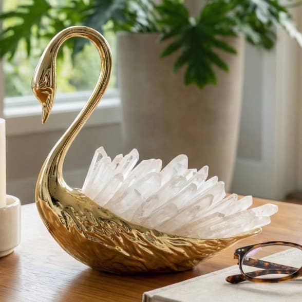 Decorative Object - Gold Metal Swan with Crystal Stone, 6 in