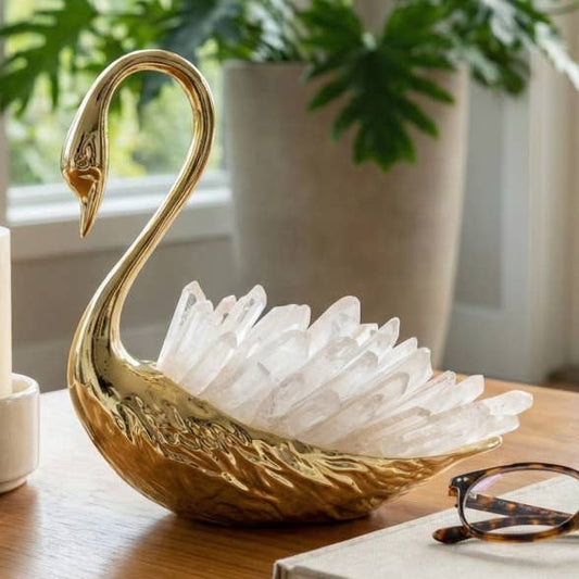Decorative Object - Gold Metal Swan with Crystal Stone, 6 in