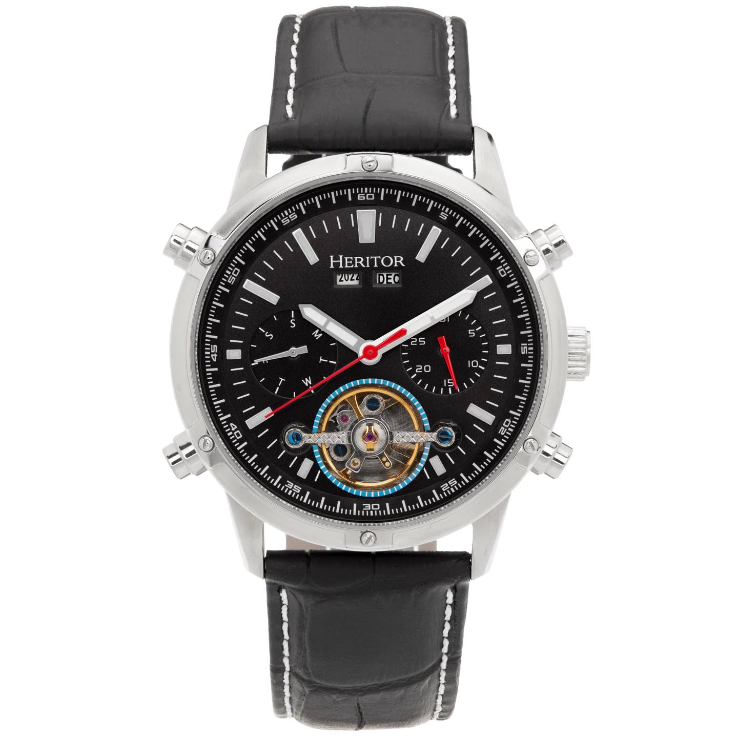 Heritor Wilhelm Men's Automatic Semi-Skeleton Leather Watch, Black