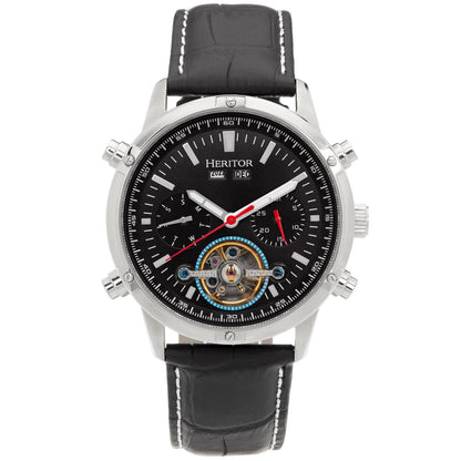 Heritor Wilhelm Men's Automatic Semi-Skeleton Leather Watch, Black