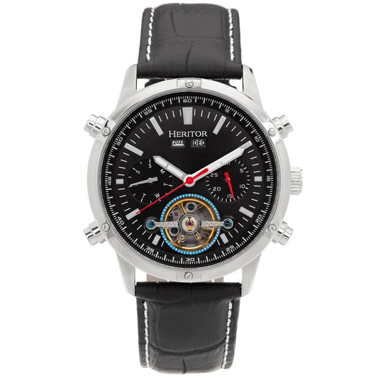 Heritor Wilhelm Men's Automatic Semi-Skeleton Leather Watch, Black