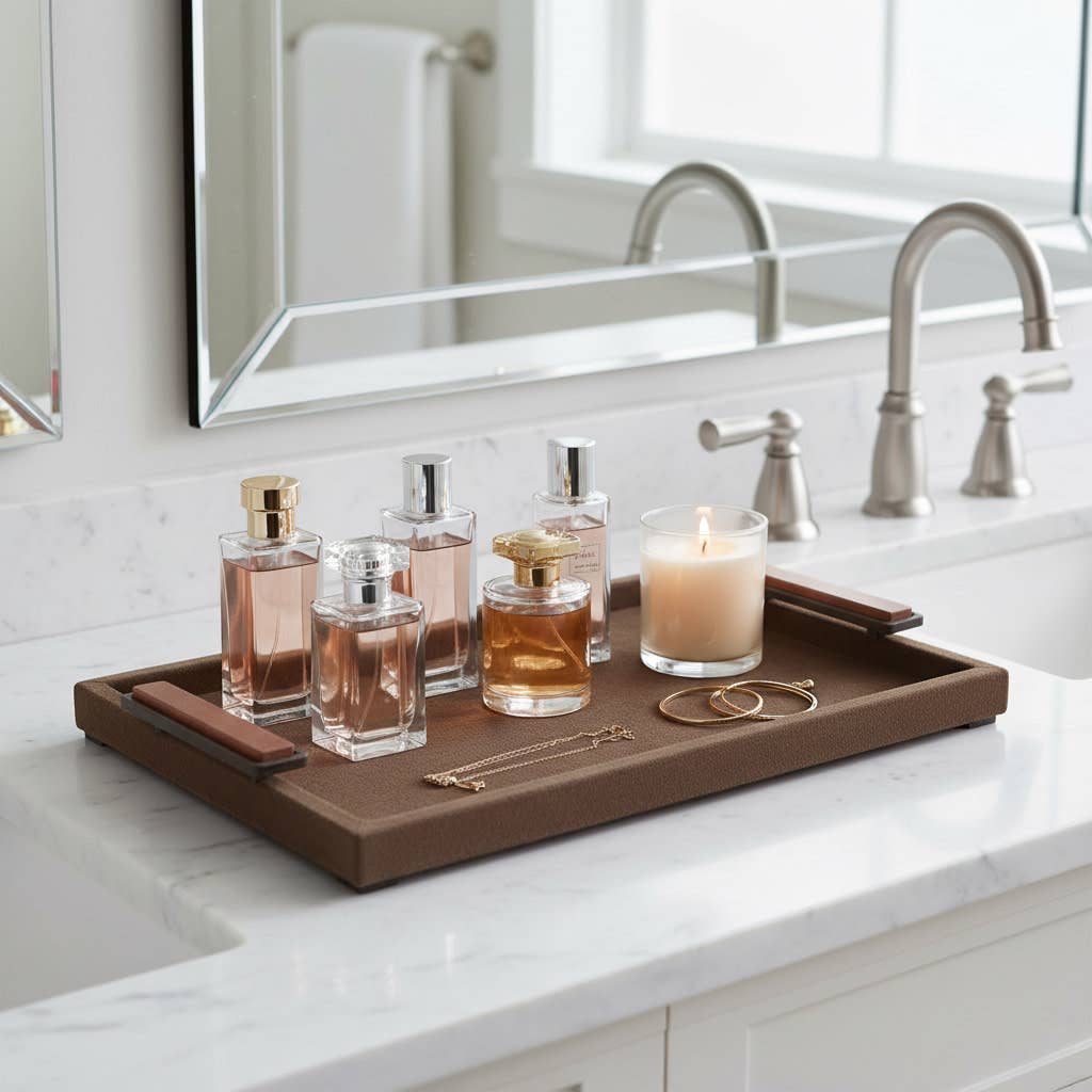 Decorative Tray - Brown Metal with Gold Gemstone, 19 in.