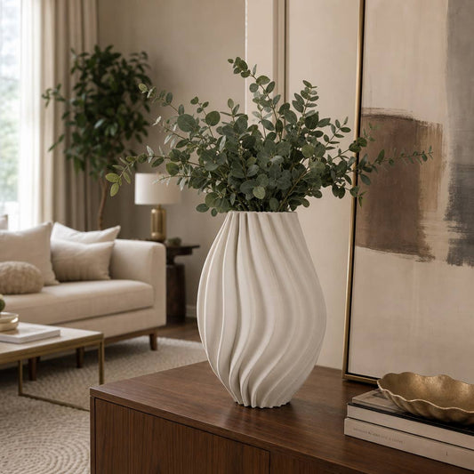 Decorative Vase - Ivory Porcelain Vertical 3D Ribbed, 16 in.