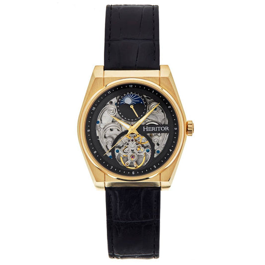 Heritor Daxton Men's Automatic Skeleton Leather Watch, Black/Gold