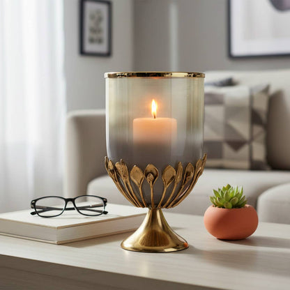 Candle Holder - Gold Glass Metal Frame Hurricane, 19 in.