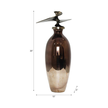 Decorative Bottle - Bronze Glass with Metal Topper, 20 in.
