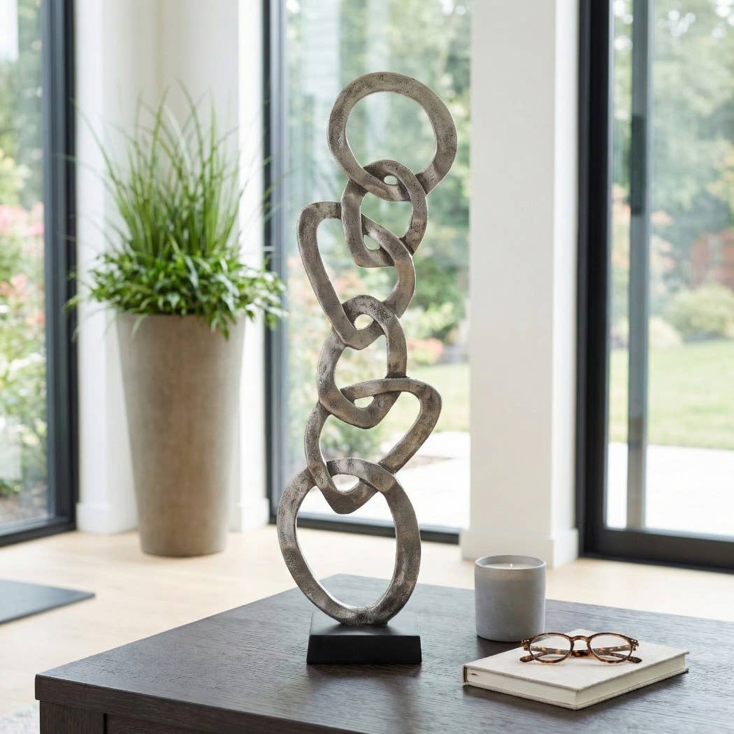 Sculpture - Silver Metal Chain Design with Wood Base, 27 in.