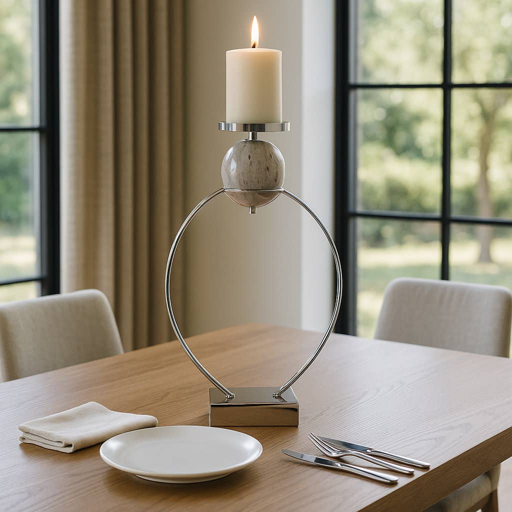Candle Holder - Silver Metal with Marble Sphere, 26 in.