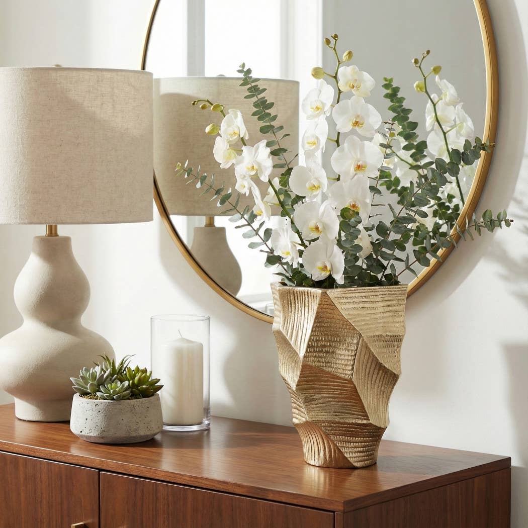 Decorative Vase - Gold Metal Geometric Textured, 9 in.