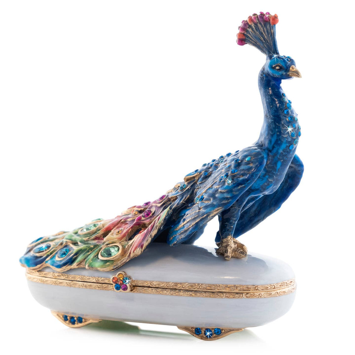 Jay Strongwater Darien Rainbow Peacock Decorative Box, Red Swarovski Crystal Enamel Gold-Finished