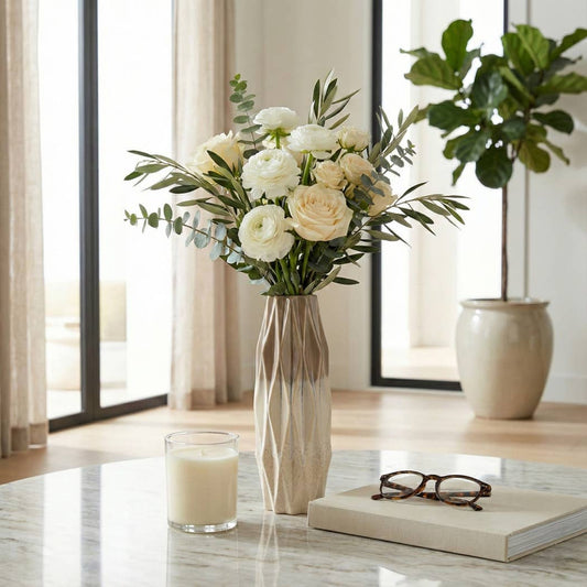 Decorative Vase - Ivory Ceramic Textured Faceted, 13 in.