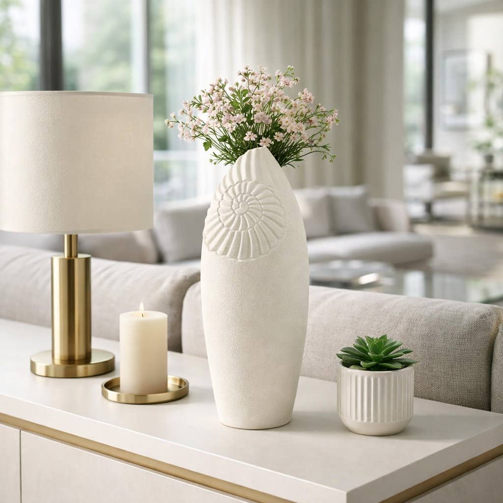 Decorative Vase - Ivory Ceramic Nautilus Shell Form, 21 in.