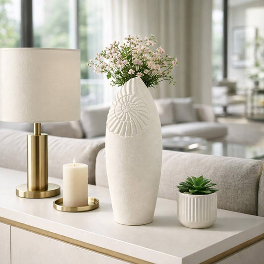 Decorative Vase - Ivory Ceramic Nautilus Shell Form, 21 in.