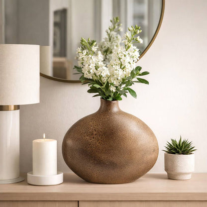 Decorative Vase - Brown Ceramic Oval Organic Shape, 13 in.