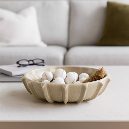 Decorative Bowl - Taupe Ceramic Round Scalloped Rim, 16 in.