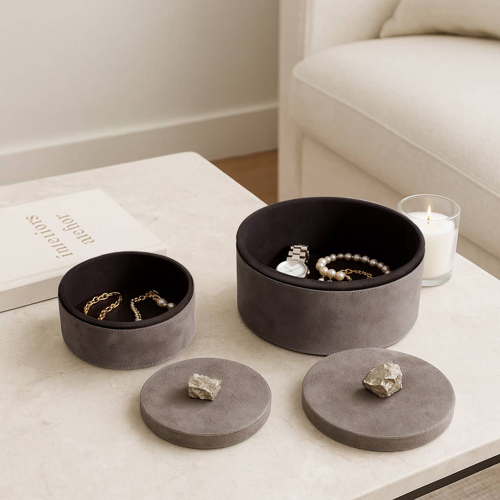 Boxes Set of 2 - Gray Wood Suede with Lid Knob, 6/8 in.