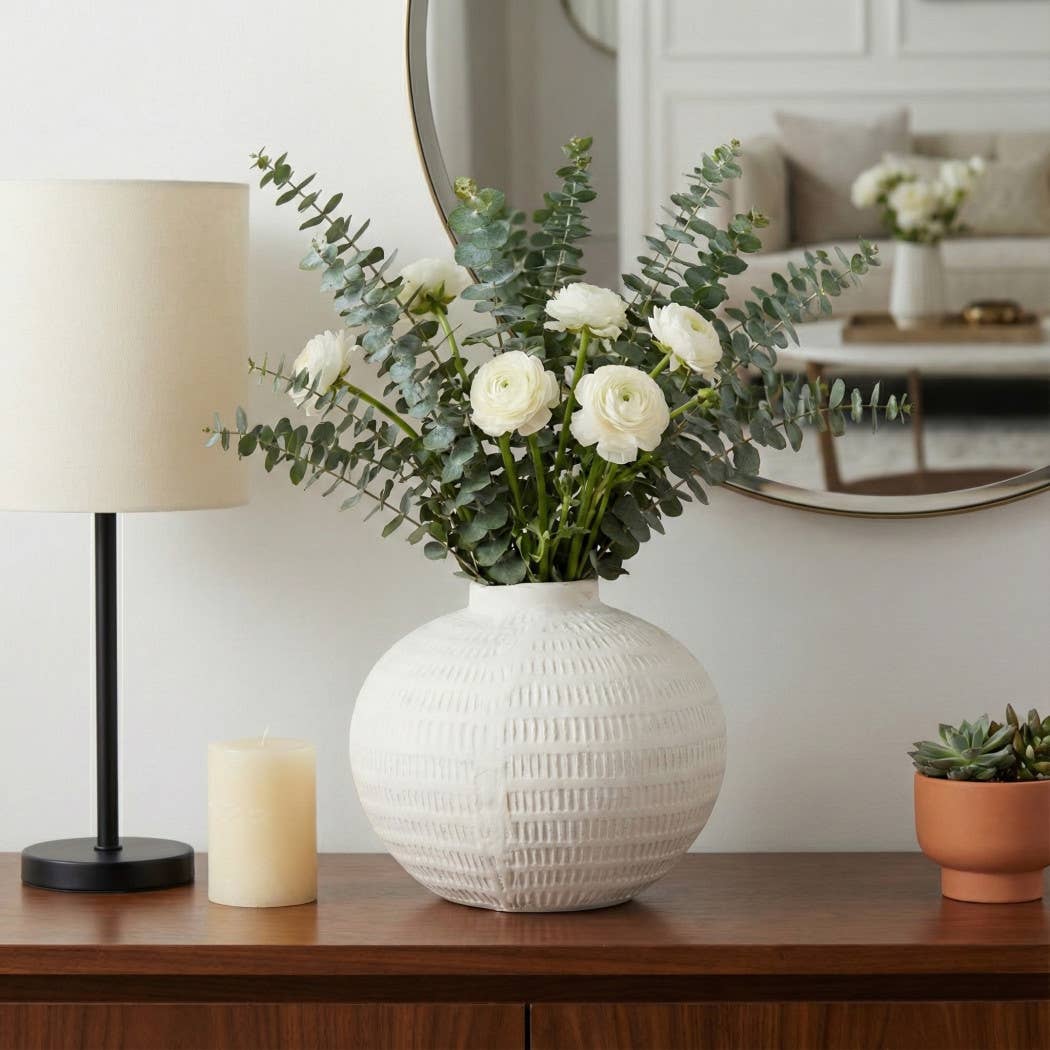 Decorative Vase - White Ceramic Textured Design, 10 in.