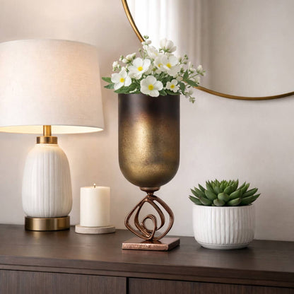 Decorative Vase - Bronze Glass Urn with Metal Stand, 19 in.
