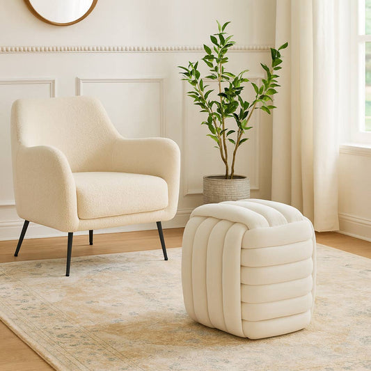 Stool - Cream Velvet Cube Knot with Layered Cushion, 19 in.