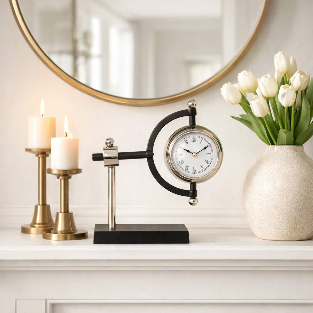 Desk Clock - Silver Metal Clock Rotating Design, 7 in.