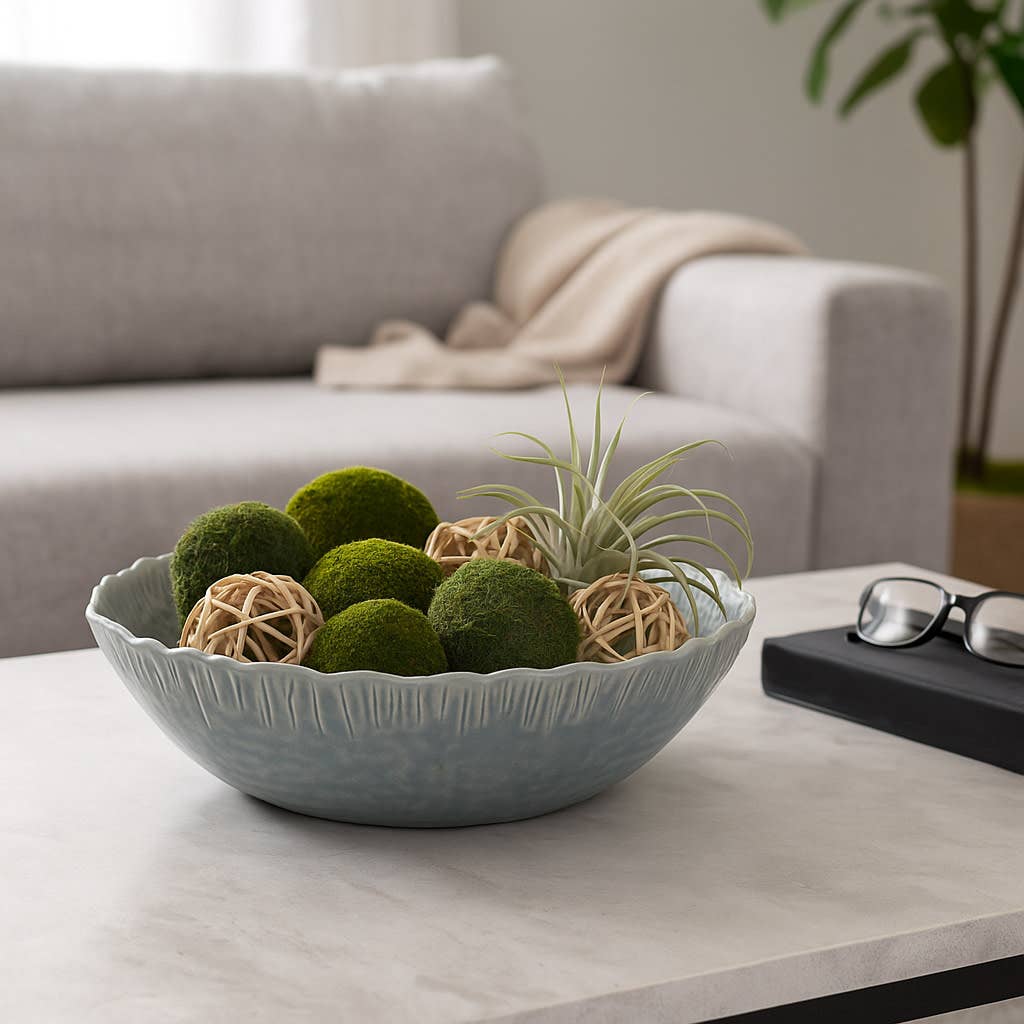 Decorative Bowl - Blue Ceramic Round Wavy Edge, 15 in.