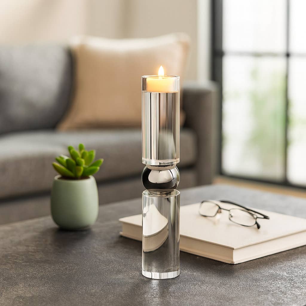 Candle Holder - Clear Crystal Modern Cylinder Taper, 15 in.