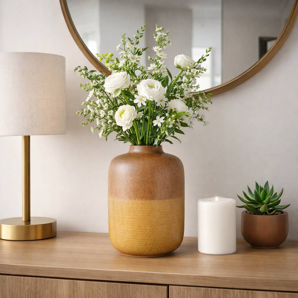 Decorative Vase - Brown/Orange Ceramic Embossed, 12 in.
