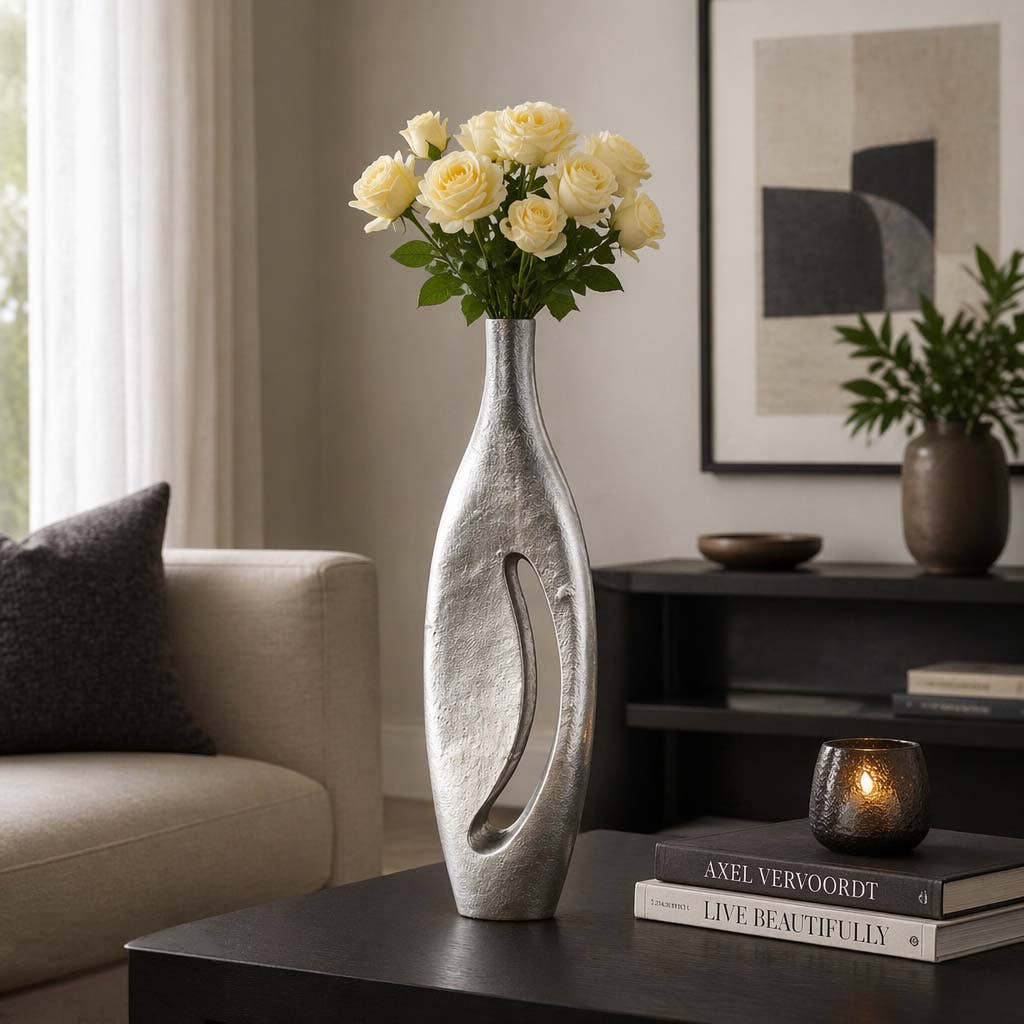 Decorative Vase - Silver Metal Elongated Form, 20 in.