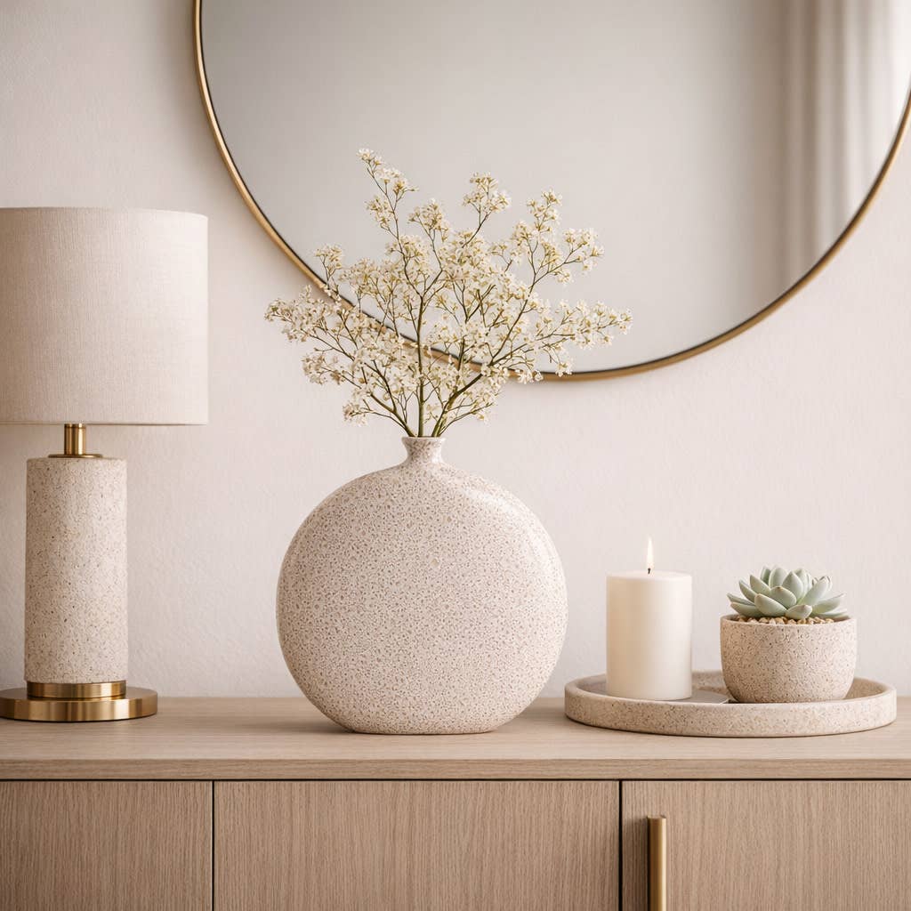Decorative Vase - Ivory Ceramic Textured Surface, 12 in.