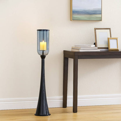 Candle Holder - Black Metal Frame Glass Hurricane, 43 in.