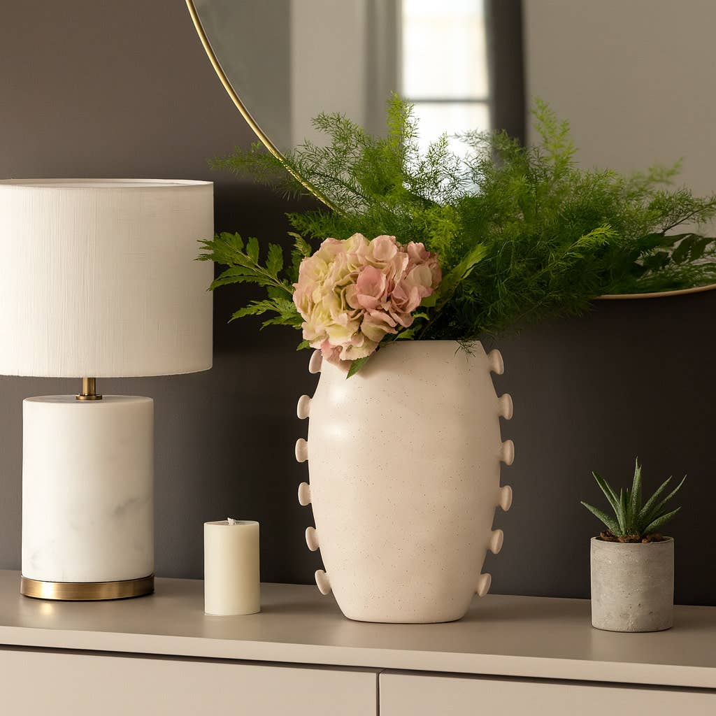 Decorative Vase - Ivory Ceramic Side Detailing, 15 in.