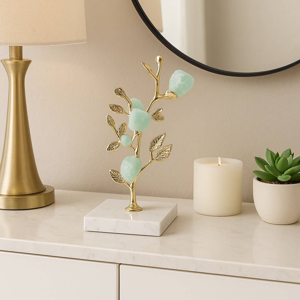 Decorative Sculpture- Gold/Green Metal Crystal Tree, 9 in.