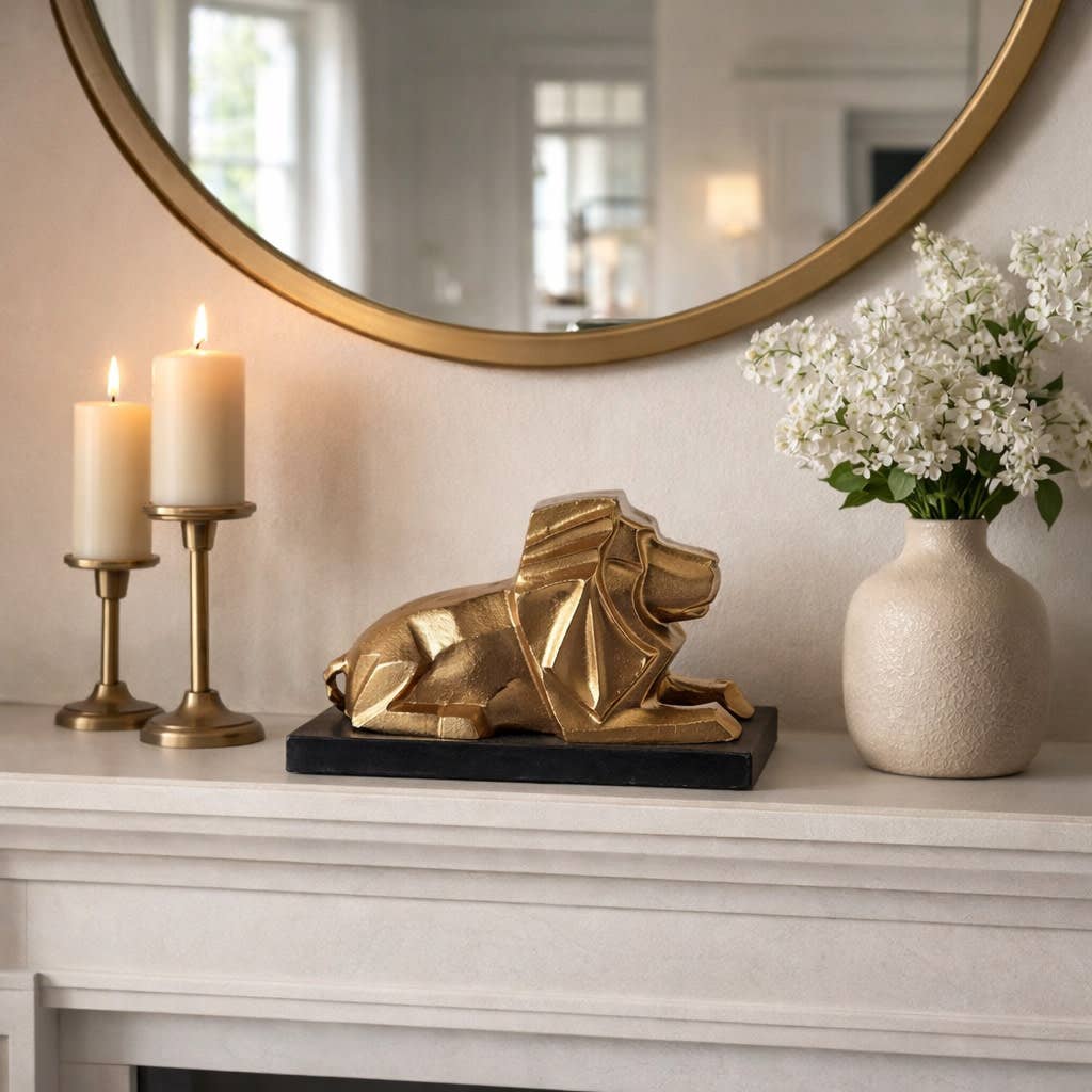 Sculpture - Gold Metal Lion with Marble Base, 8 in.