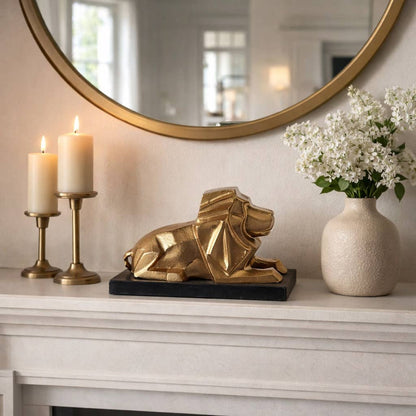Sculpture - Gold Metal Lion with Marble Base, 8 in.