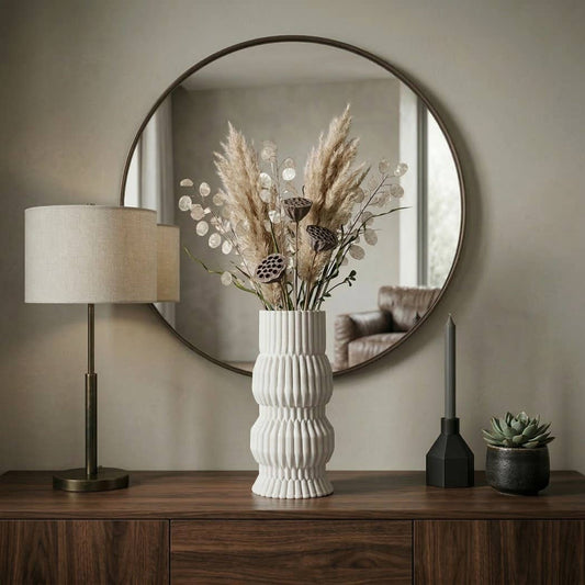 Decorative Vase - White Ceramic Ridged Textured Form, 11 in.