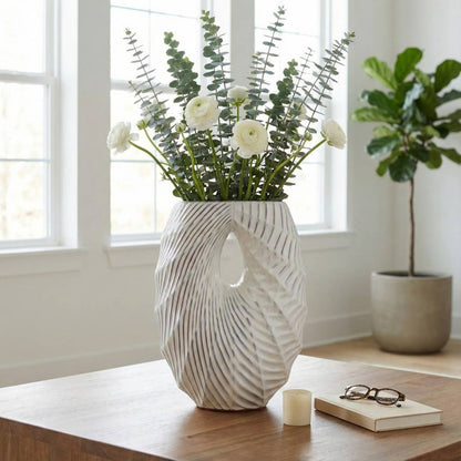 Decorative Vase - White Ceramic Textured Shell Wavy, 16 in.