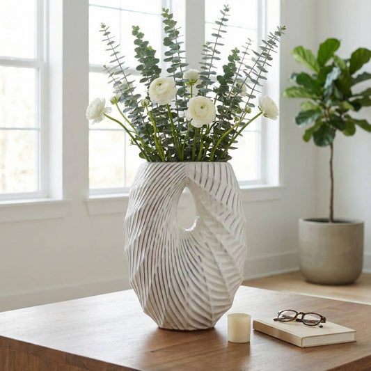 Decorative Vase - White Ceramic Textured Shell Wavy, 16 in.