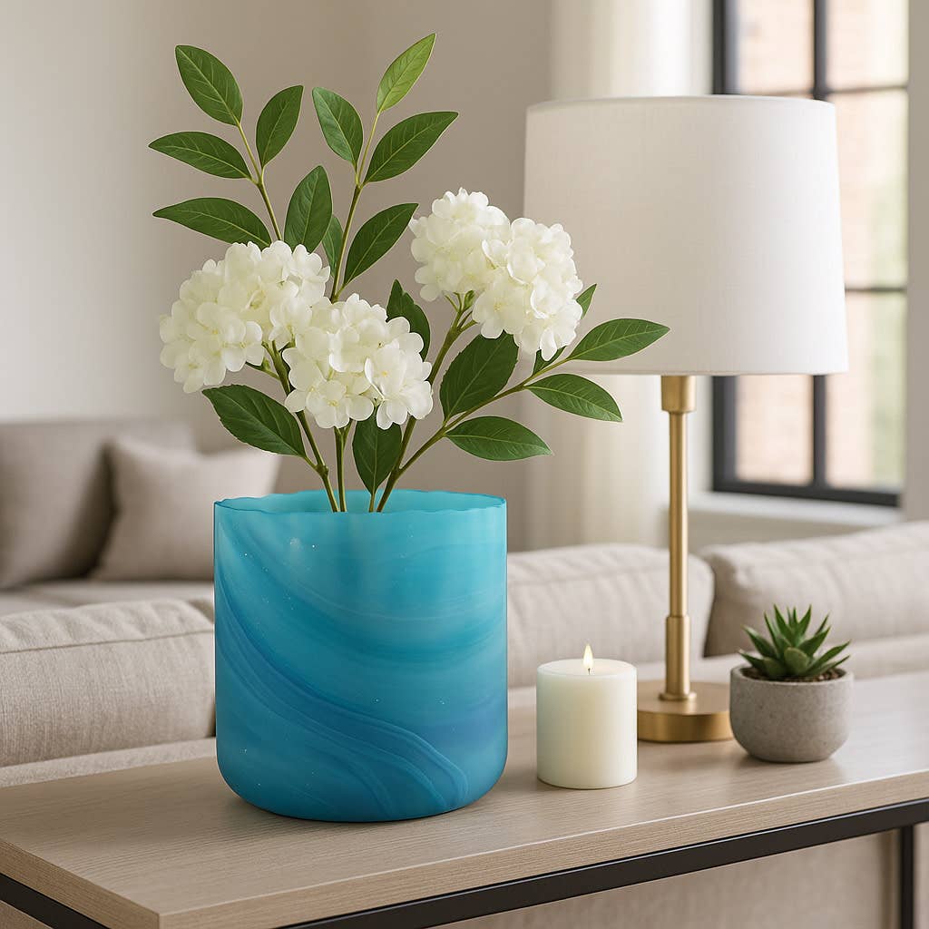 Decorative Vase - Blue Glass Swirl Coastal Pattern, 11 in.