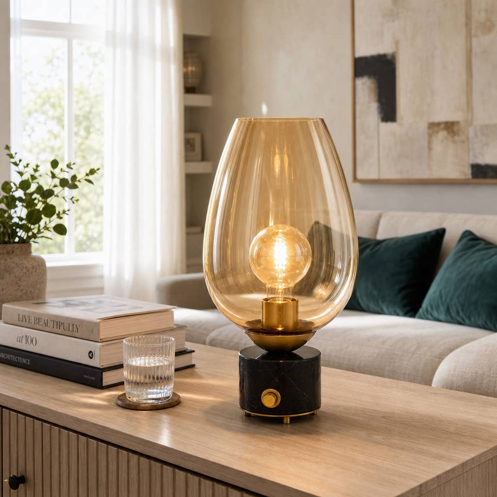 Table Lamp - Gold Glass Shade and Marble Base, 16 in.